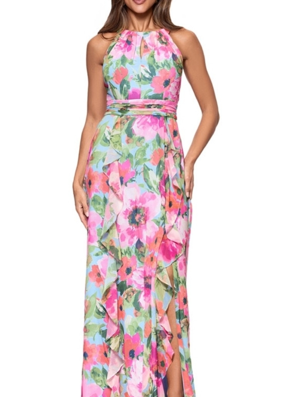 Xscape Pink Floral Halter Maxi Dress